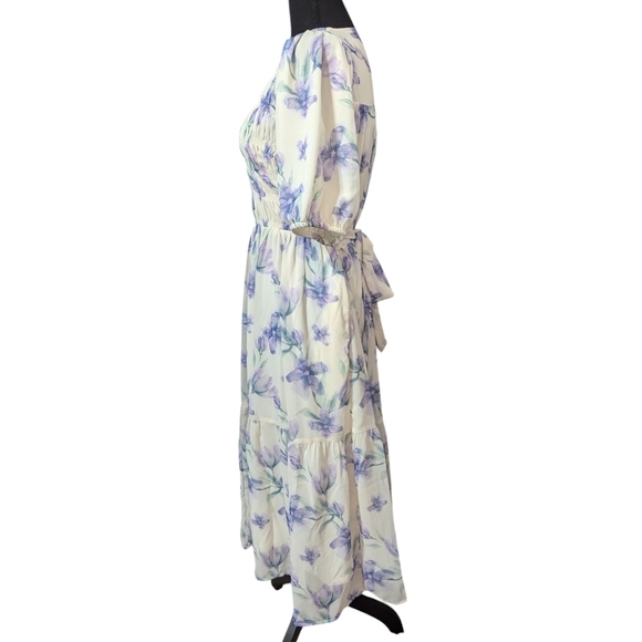 Polagram Women’s Chiffon Floral Watercolor Midi Belted Dress Smocked Bodice S - Picture 3 of 12